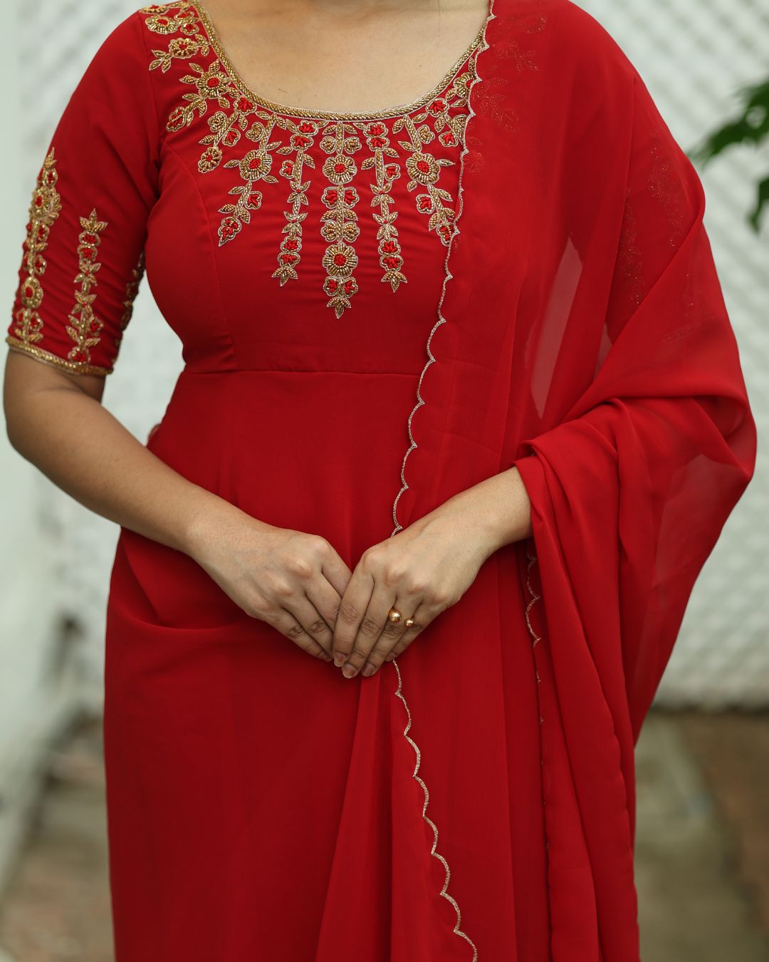 Dhairya-Cherry red anarkali gown and duppata | Petals Chennai