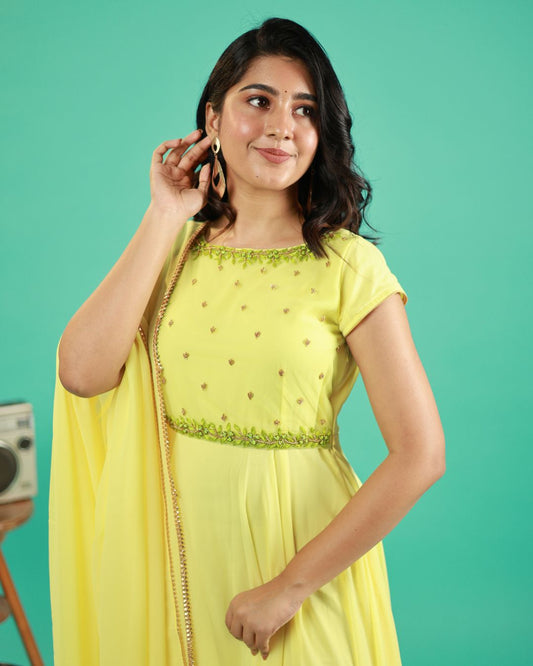 Shradha- Pastel yellow floor length gown and duppata | Petals Chennai