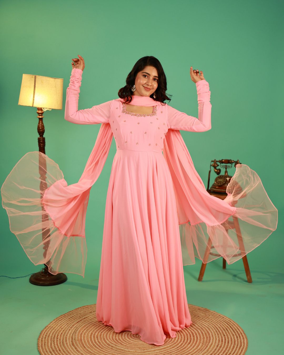 Smrithi-Pastel blush pink anarkali gown and duppata | Petals Chennai