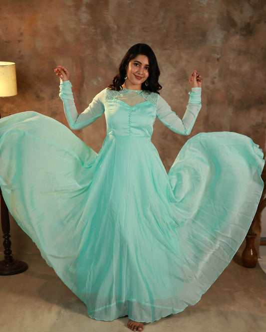 Nita-Powder blue floor length anarkali gown amd duppata | Petals Chennai
