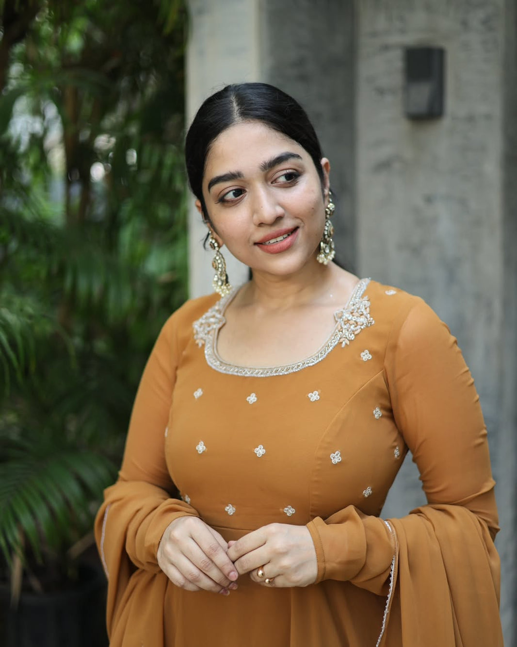 Gauri-Camel brown floor lenth gown and duppata | Petals Chennai