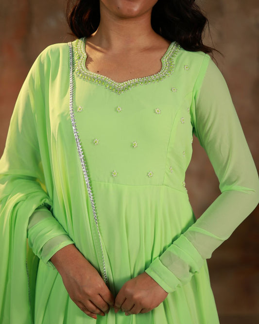 Leela -Fresh lime green anarkali gown and duppata | Petals Chennai