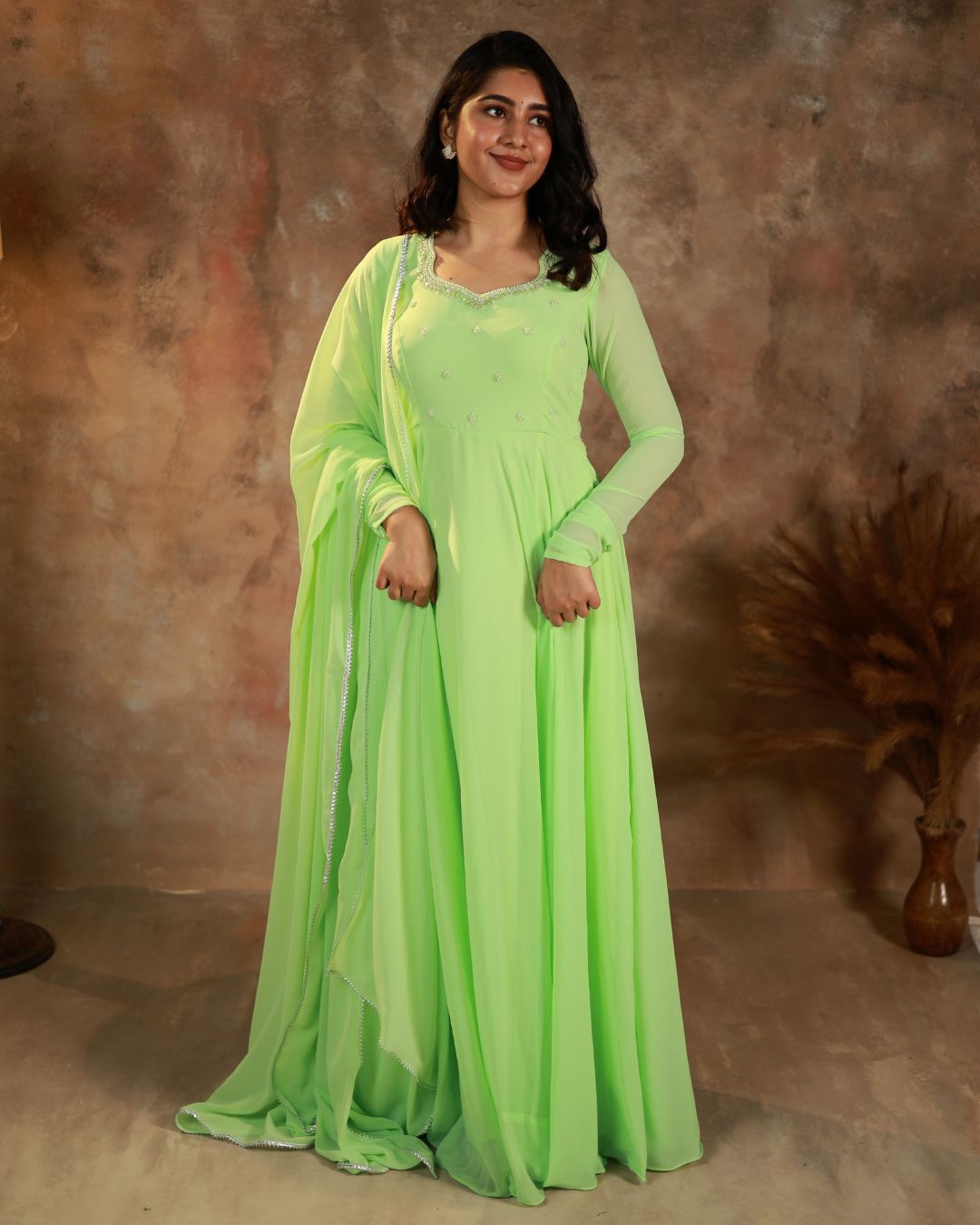 Leela -Fresh lime green anarkali gown and duppata | Petals Chennai