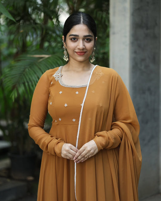 Gauri-Camel brown floor lenth gown and duppata | Petals Chennai