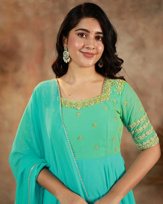 Tisha-Aqua green anarkali gown and duppata | Petals Chennai