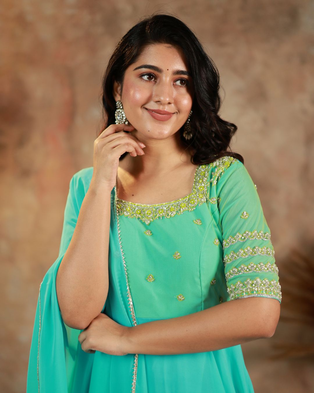 Tisha-Aqua green anarkali gown and duppata | Petals Chennai