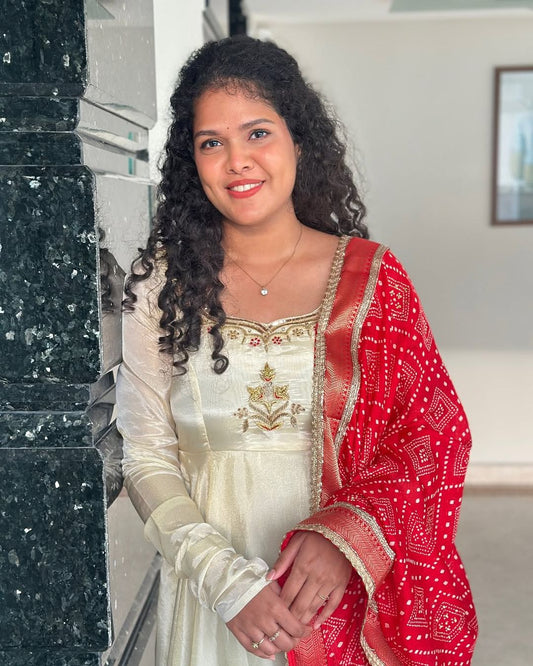 Monica-Ivory and red floor length gown | Petals Chennai