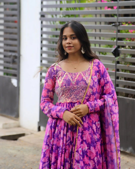 Dheera-lavendar floral printed anarkali and duppata | Petals Chennai