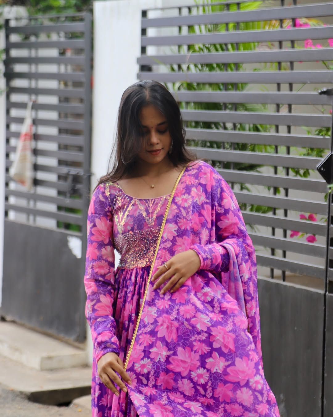 Dheera-lavendar floral printed anarkali and duppata | Petals Chennai
