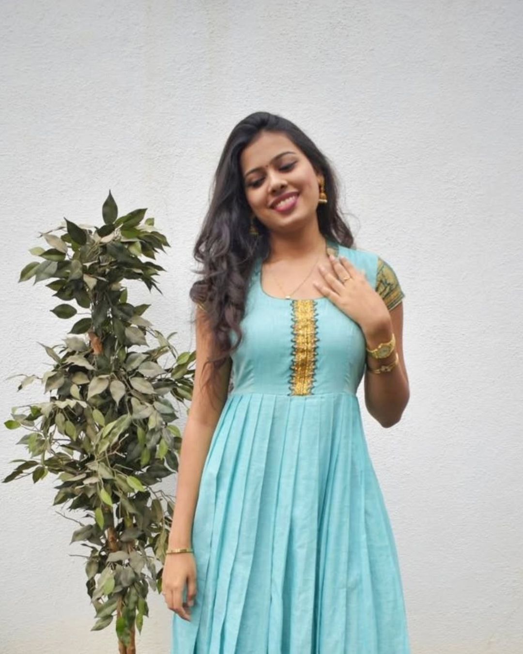 Ayushi - Sky Blue & Green Floor Length Pleated Gown | Petals Chennai