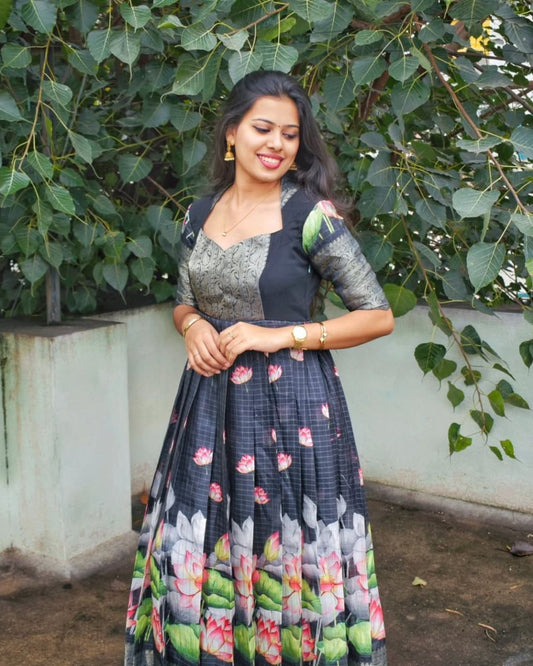 Damini - Black Tissue Chanderi Floral Gown | Petals Chennai