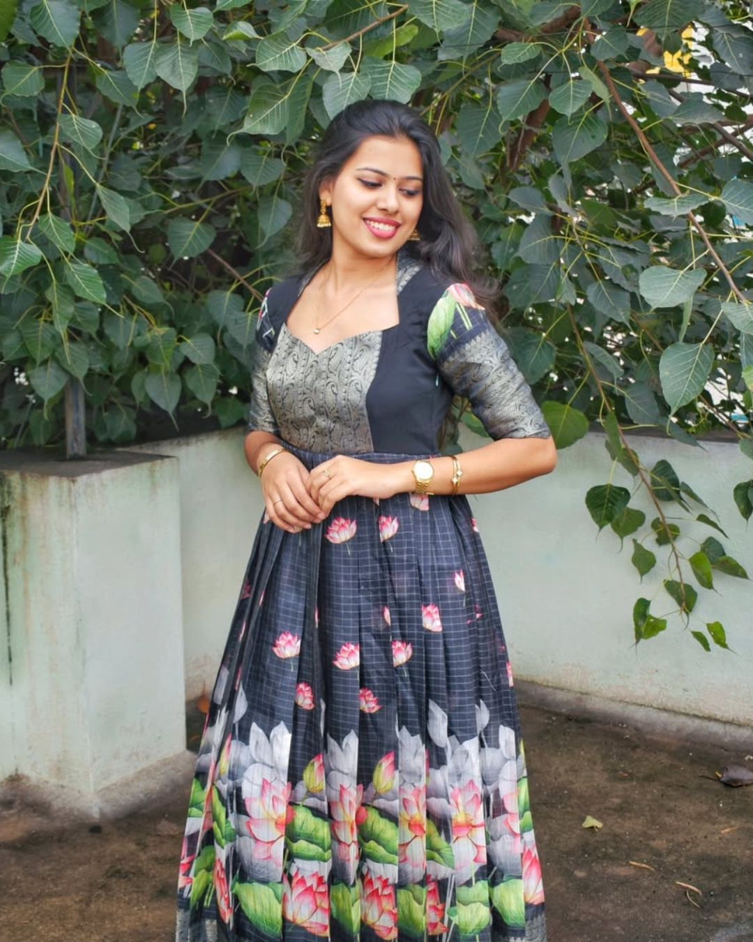 Damini - Black Tissue Chanderi Floral Gown | Petals Chennai
