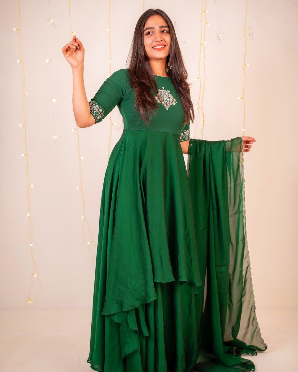 Suta-Bottle green dual layered floor length gown and duppata