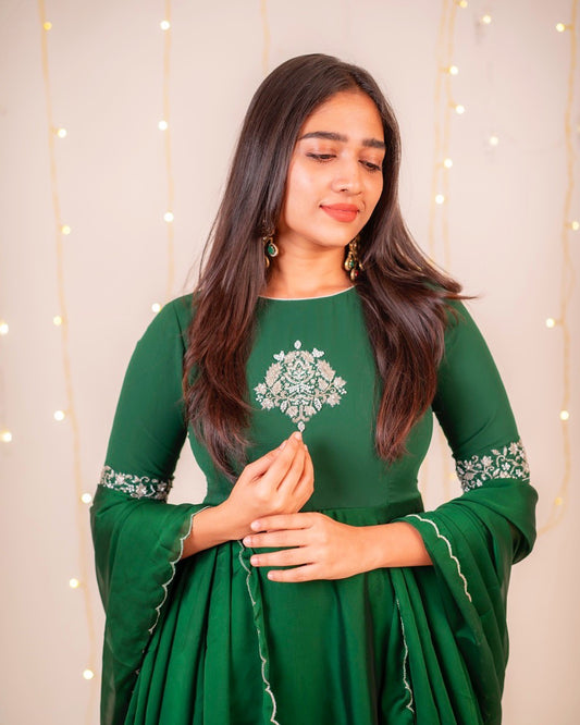 Suta-Bottle green dual layered floor length gown and duppata