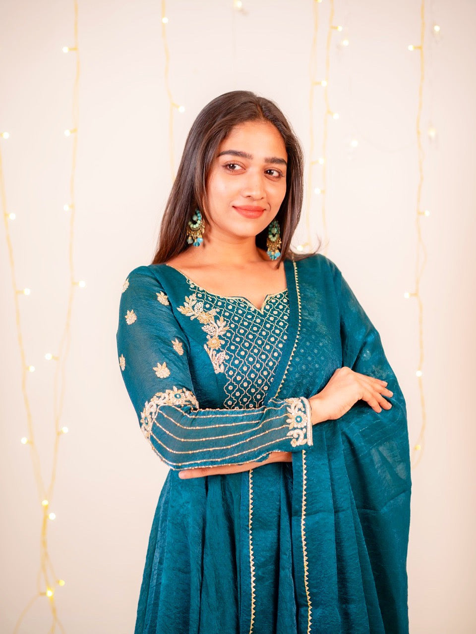 Mayuri -Peacock green crush gorgette gown and duppata