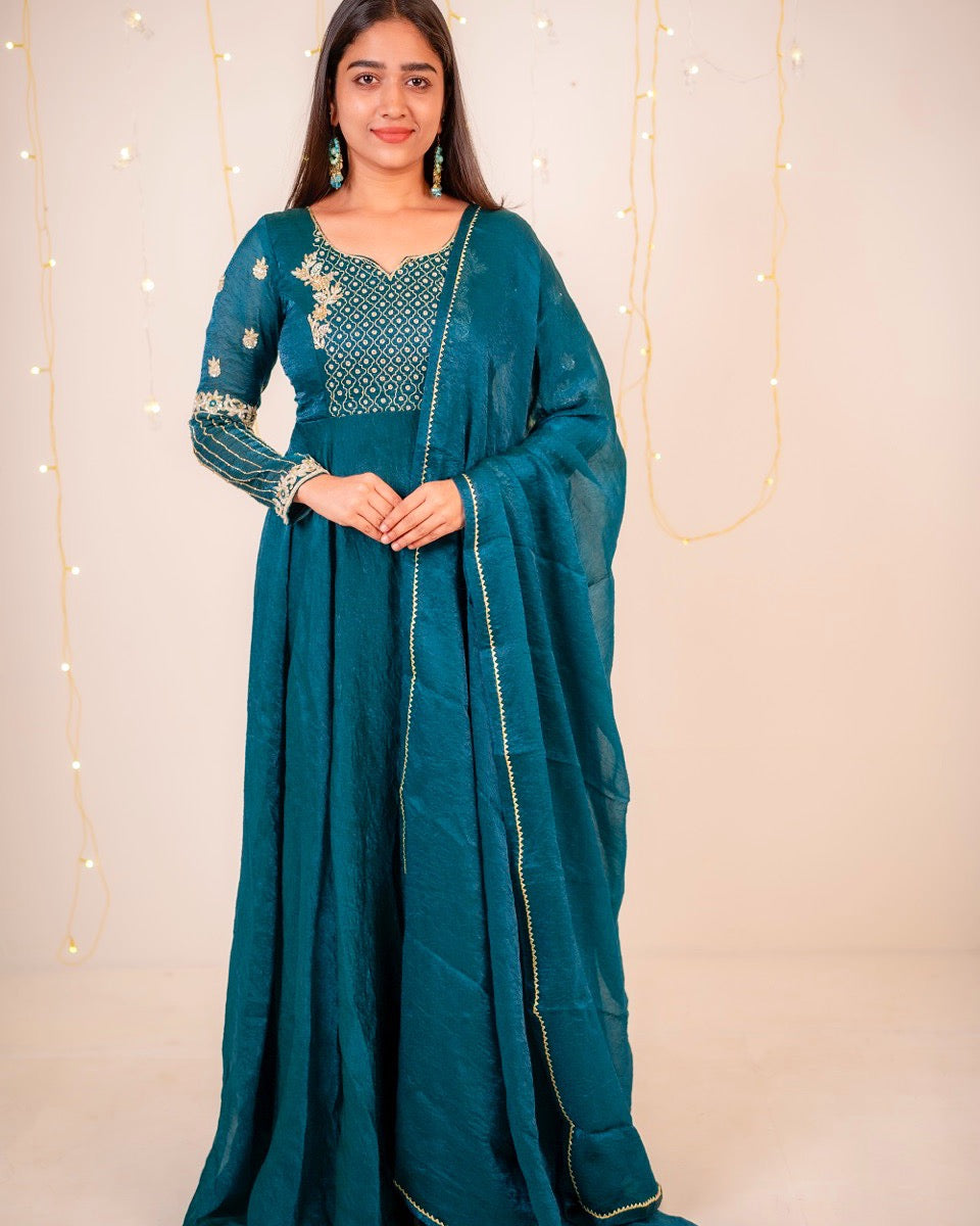 Mayuri -Peacock green crush gorgette gown and duppata