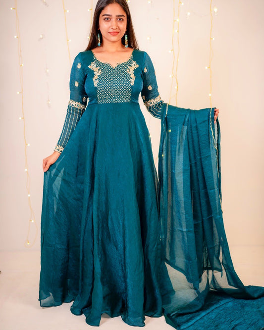 Mayuri -Peacock green crush gorgette gown and duppata