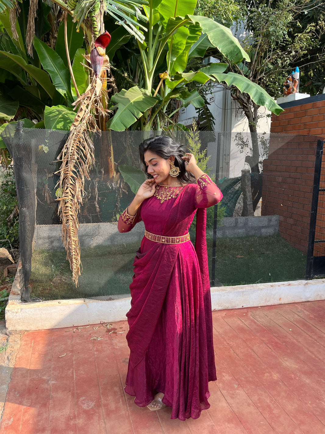 Preesha Wine Draped Embroidered Gown and Duppata | Petals Chennai