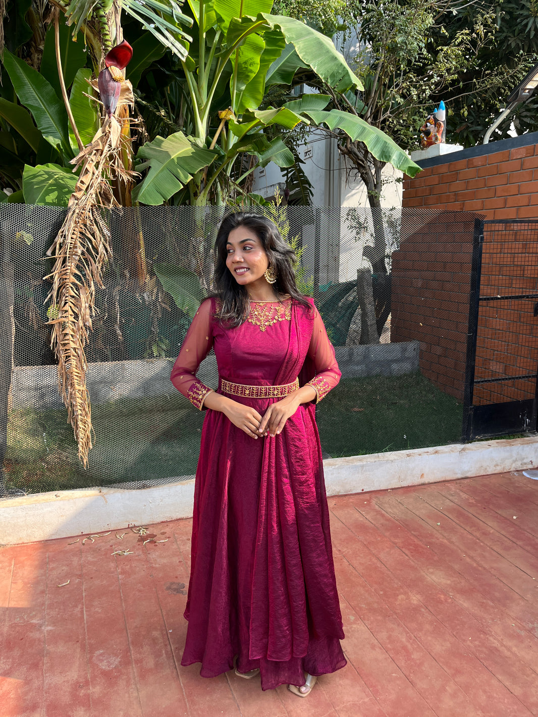 Preesha Wine Draped Embroidered Gown and Duppata | Petals Chennai