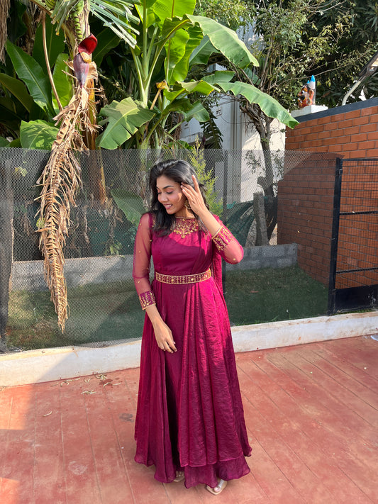 Preesha Wine Draped Embroidered Gown and Duppata | Petals Chennai