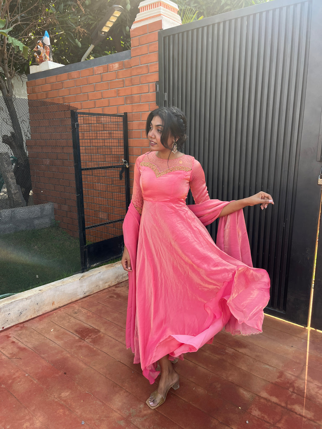 Trisha-Peach stardust Anarkali and duppata