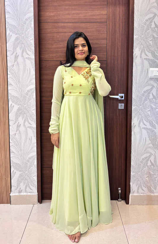 Viranika - LimeCream Floor length Gown and Duppata | Petals Chennai