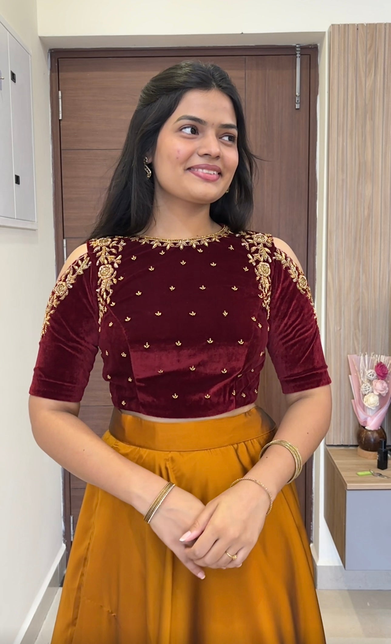 Rushie - Hand Emboidered Cold Shoulder Crop Top and Flowy Skirt