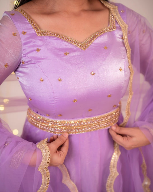 Sandra-Lavendar floor length Gown,Belt and Dupatta | Petals Chennai Sandra