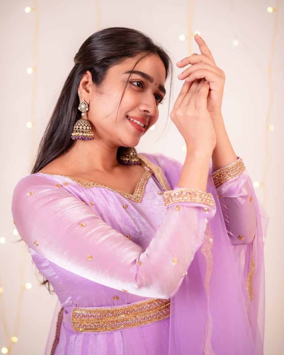 Sandra-Lavendar floor length Gown,Belt and Dupatta | Petals Chennai Sandra