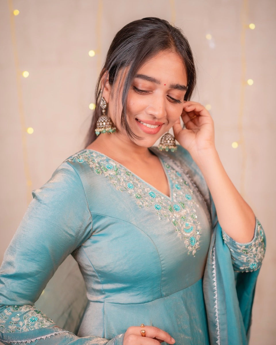 Anishi-Pastelblue floor length Gown with Dupatta | Petals Chennai