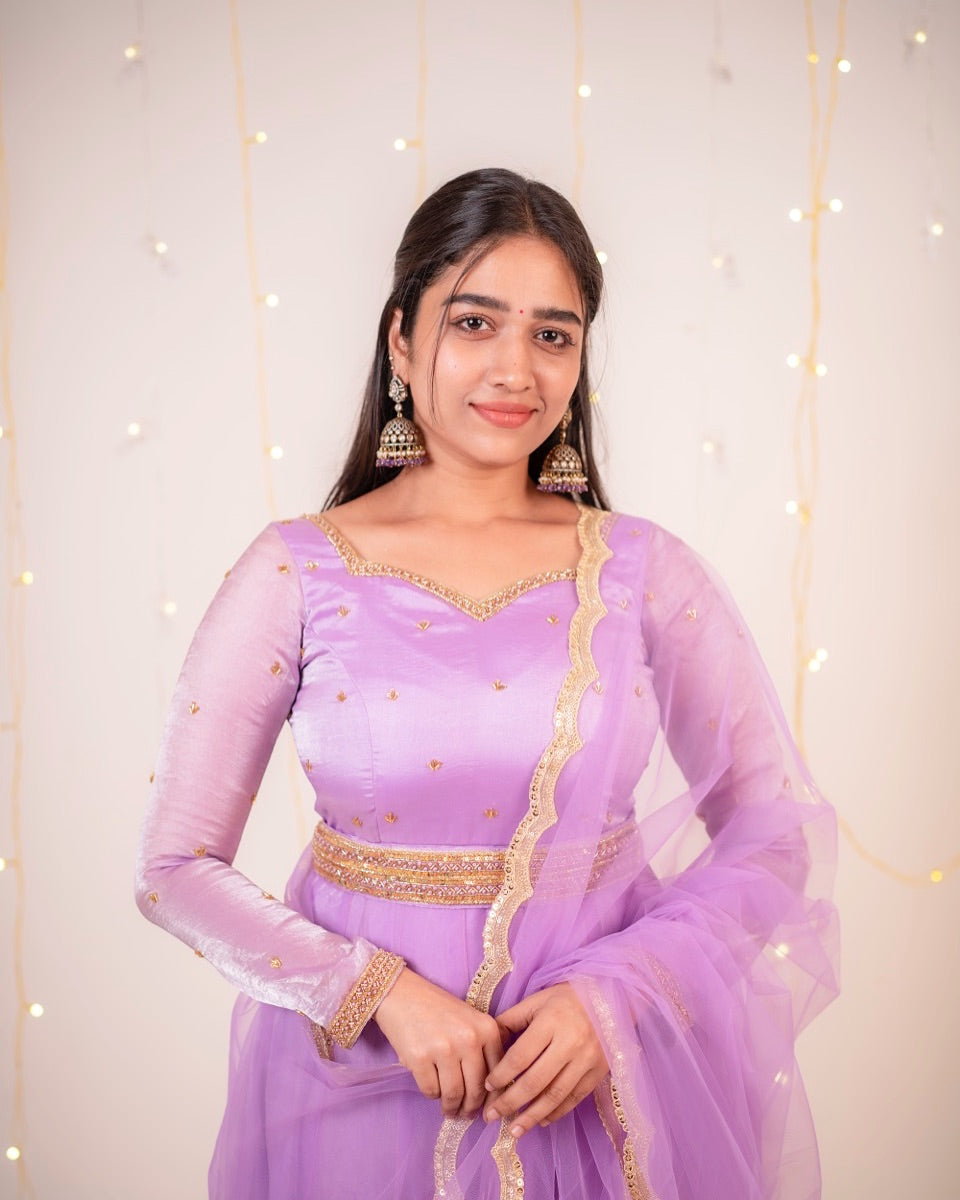 Sandra-Lavendar floor length Gown,Belt and Dupatta | Petals Chennai Sandra