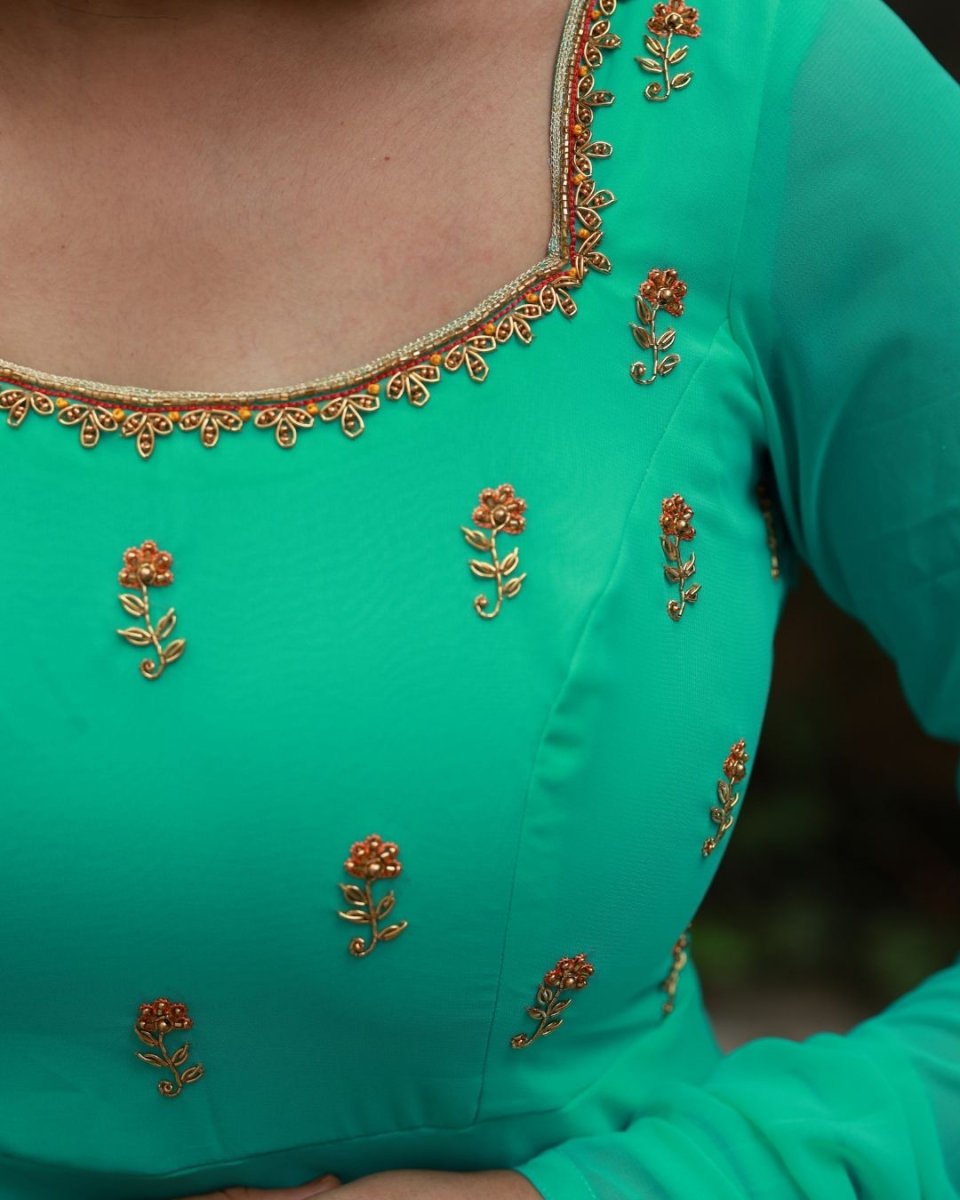 Aqua green anarkali kurta and duppata | Petals Chennai - Petals Chennai