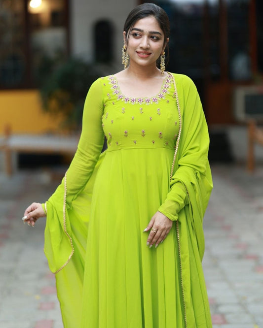 Cynthia - Parrot green anarkali gown anmd duppatta | Petals Chennai - Petals Chennai