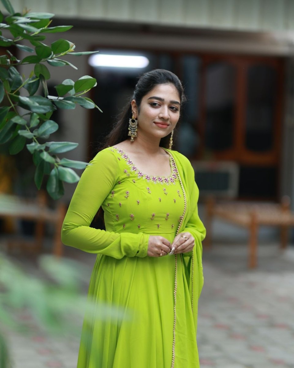 Cynthia - Parrot green anarkali gown anmd duppatta | Petals Chennai - Petals Chennai