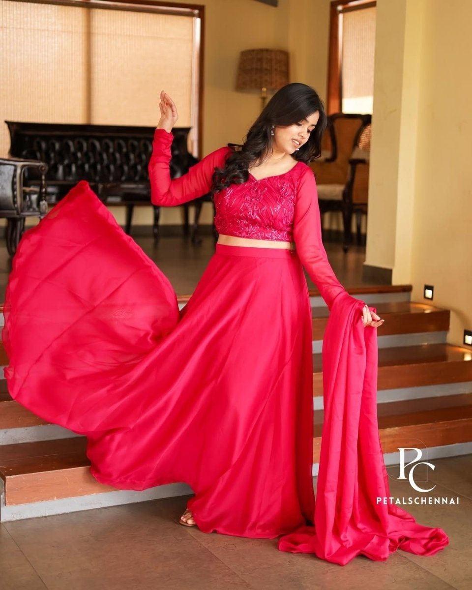Deep rani pink crop top ,skirt and duppata | Petals Chennai - Petals Chennai
