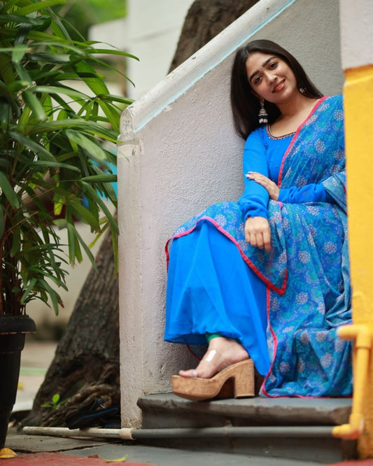 Ink blue anarkali kurta and duppata | Petals Chennai - Petals Chennai