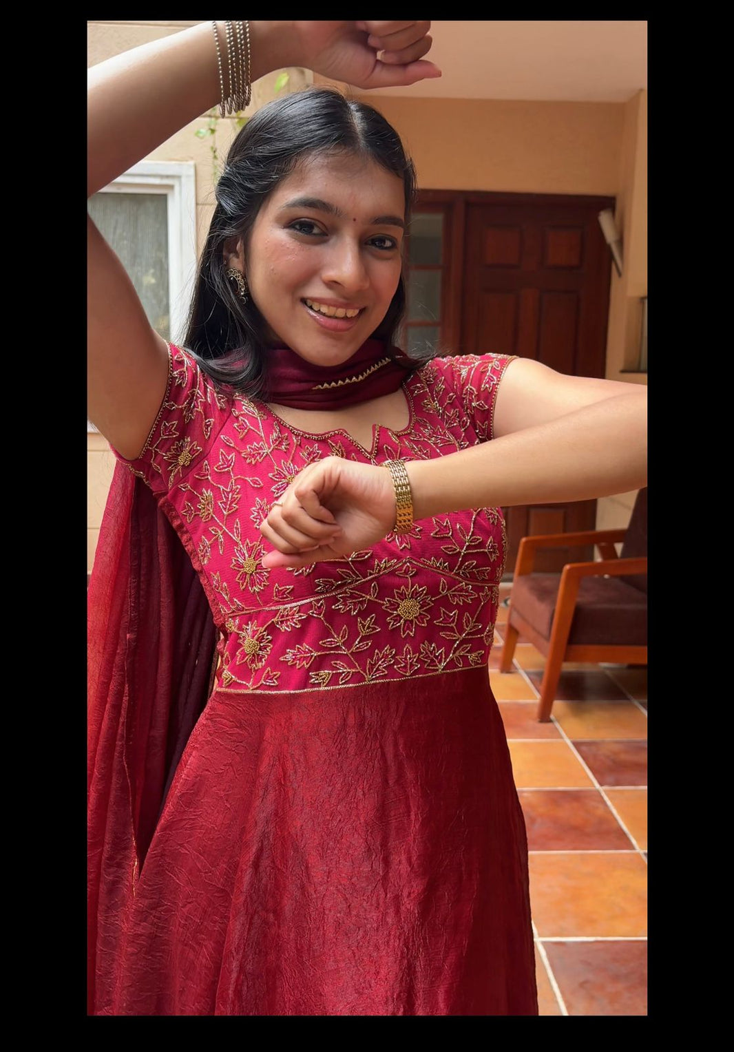 Sunithi- Maroon dual tone crush silk gown and duppata
