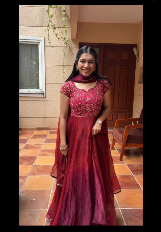 Sunithi- Maroon dual tone crush silk gown and duppata