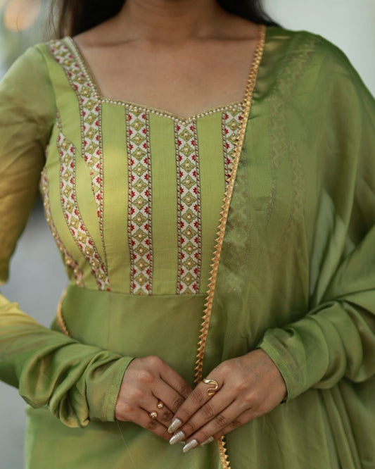 Meera - Sap green floor length anarkali gown and duppata | Petals Chennai - Petals Chennai