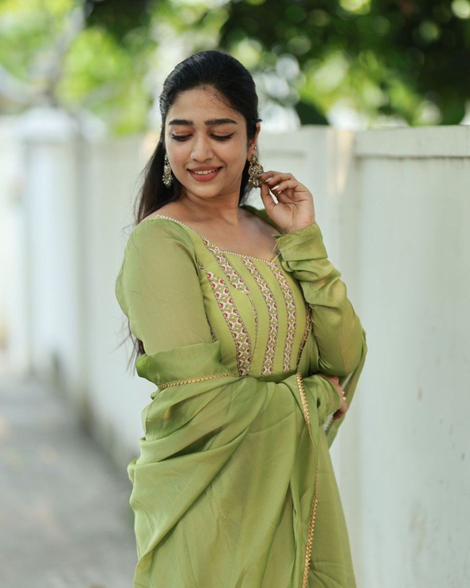 Meera - Sap green floor length anarkali gown and duppata | Petals Chennai - Petals Chennai