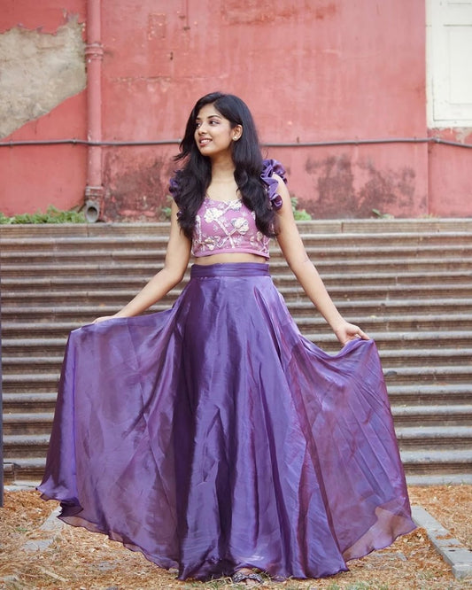 Purple embroidered crop top and skirt | Petals Chennai - Petals Chennai