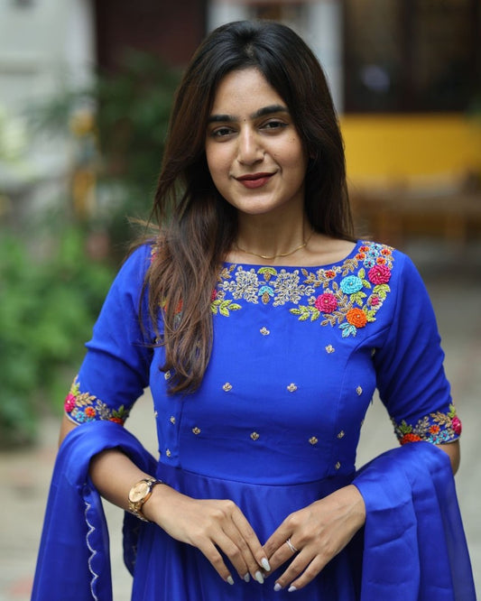 Rhea - Royal blue floor length gown and duppata | Petals Chennai - Petals Chennai