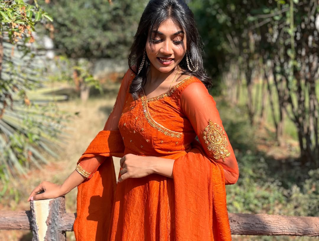 Malina - Rust Orange crush silk gown and duppata