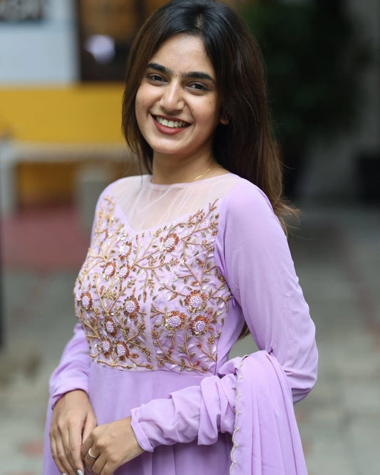 Saisha - Lavendar floor length gown and duppata | Petals Chennai - Petals Chennai