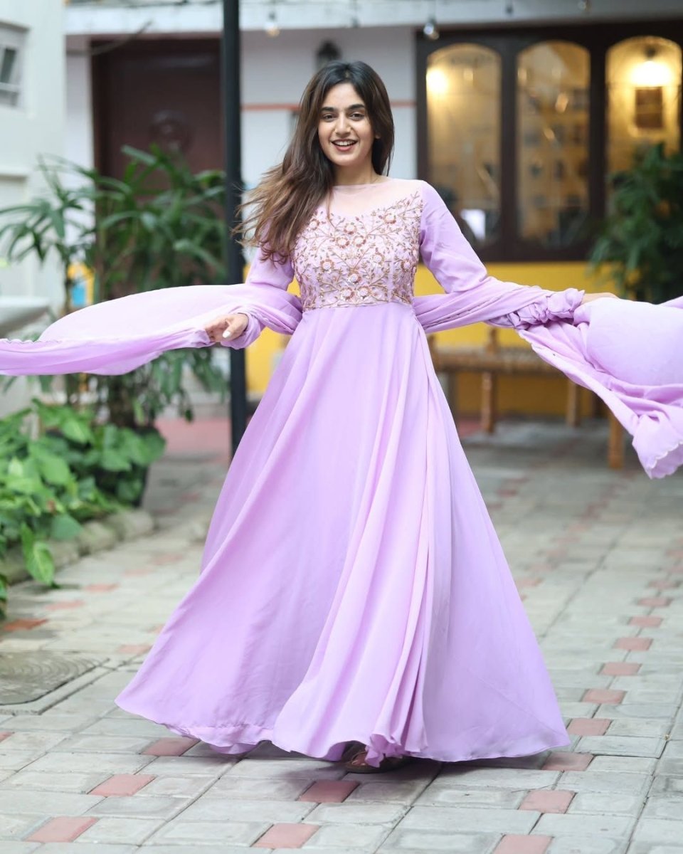 Saisha - Lavendar floor length gown and duppata | Petals Chennai - Petals Chennai