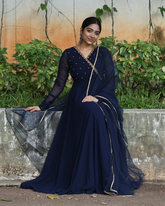 Saisha - Midnight blue floor length anarkali gown and duppata | Petals Chennai - Petals Chennai