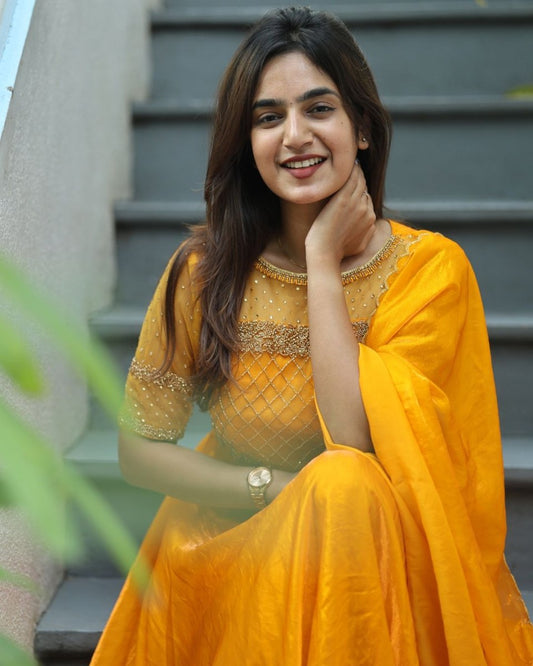 Sakshi - Mustard yellow floor length gown and duppata | Petals Chennai - Petals Chennai