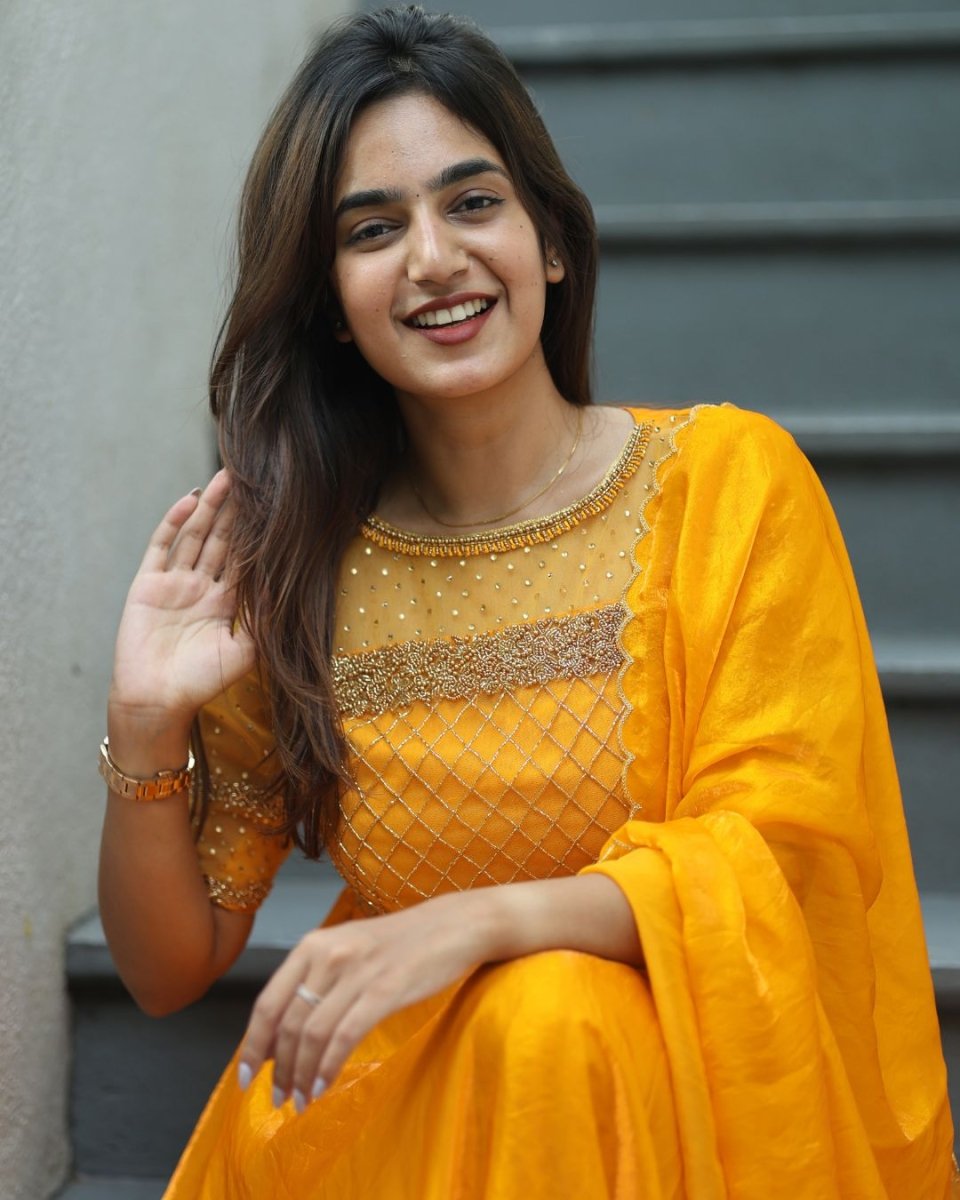 Sakshi - Mustard yellow floor length gown and duppata | Petals Chennai - Petals Chennai