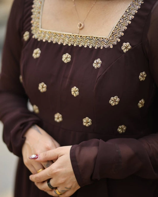 Siya - Deep drown floor length anarkali gown and duppata | Petals Chennai - Petals Chennai