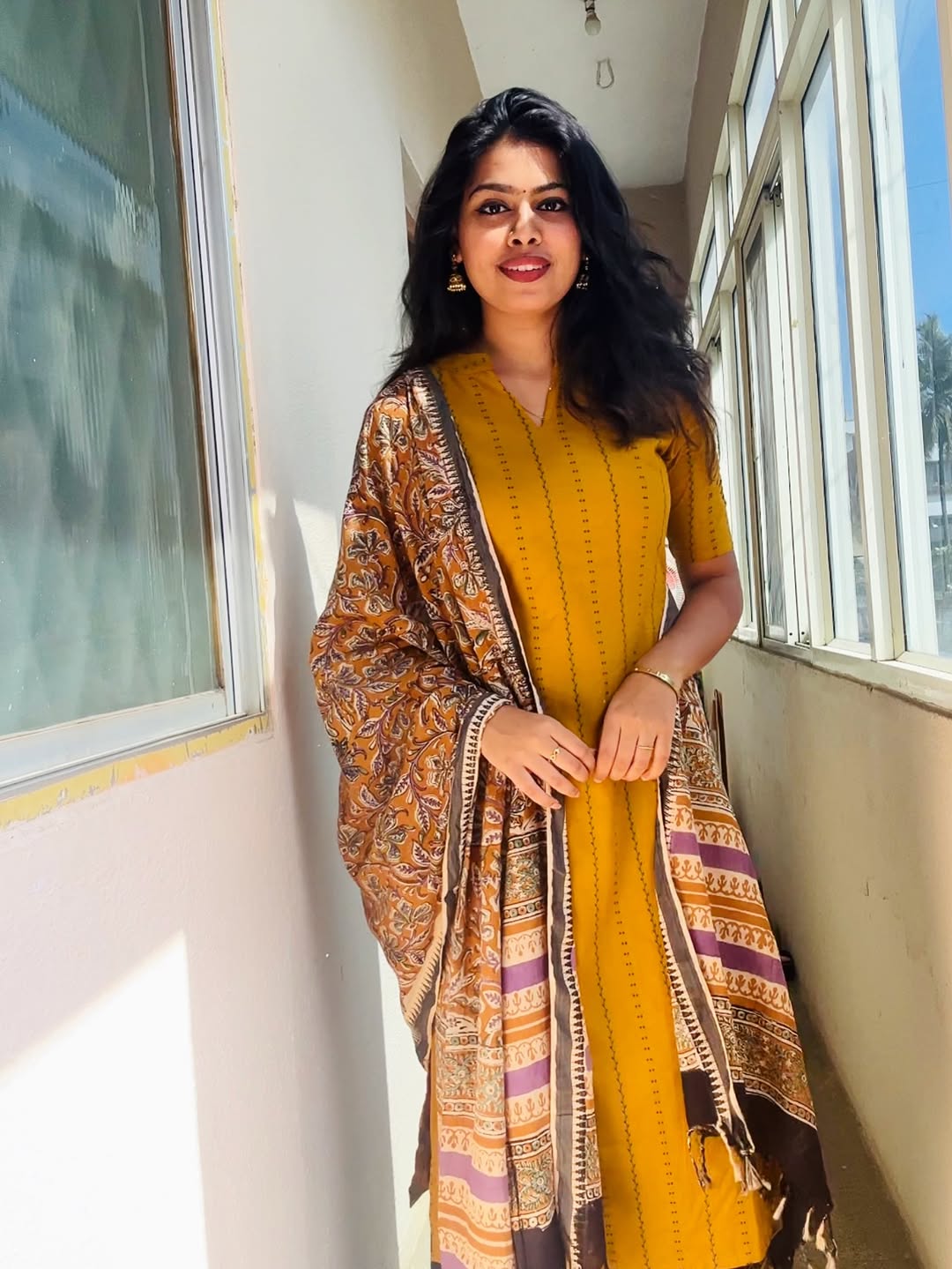 Sheetal Mustard striped yellow with collar neck and duppata
